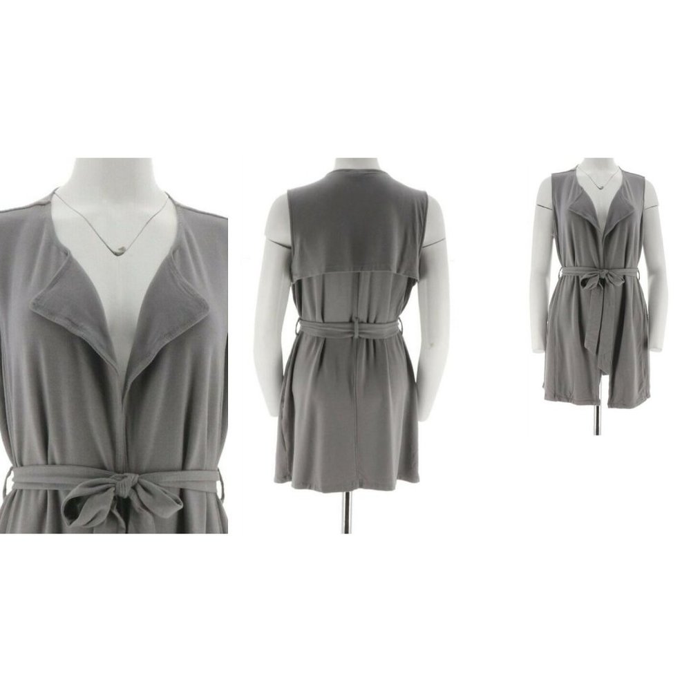 Lisa Rinna Collection French Terry Duster Vest Size XS Belted Frost Grey A288525 - Picture 2 of 11